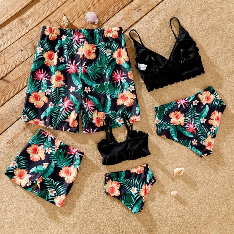 Family Matching Tropical Floral Drawstring Swim Trunks or Shell Edge Bikini 580853