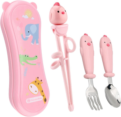 Toddler Utensils Stainless Steel Kids Silverware Set with Kids Spoons and Forks Set and Kids Chopsticks for Self Feeding Learning with Portable Case