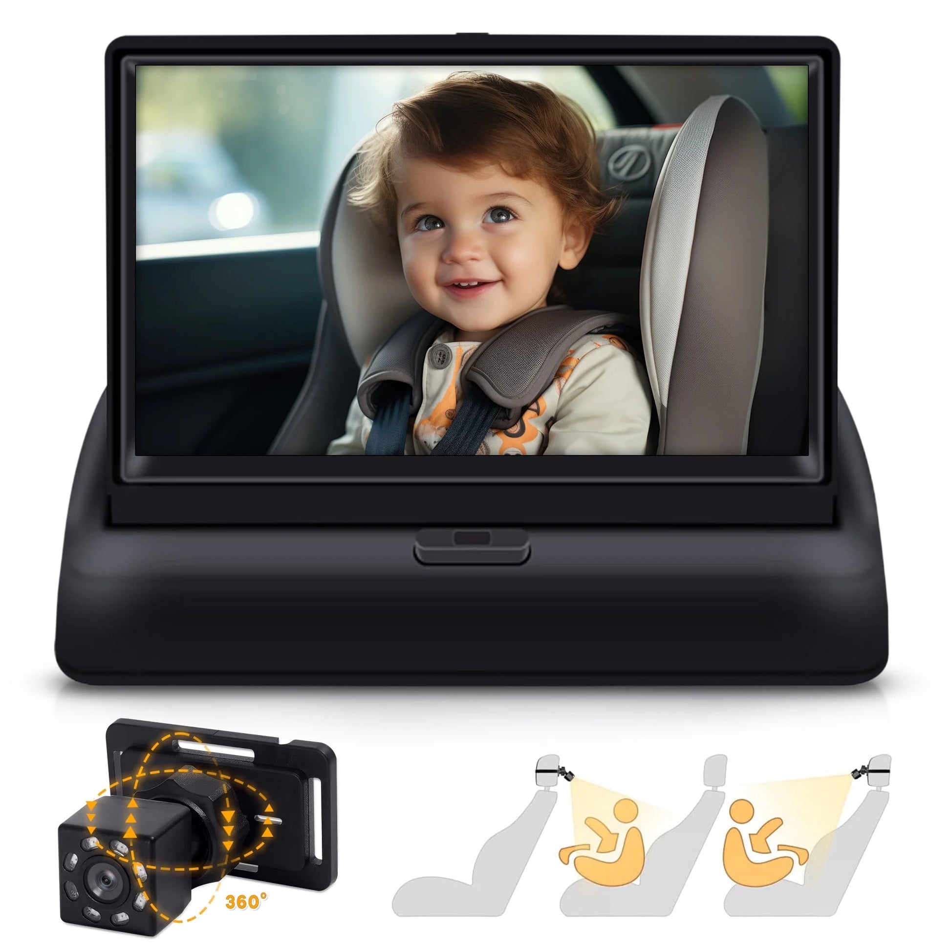 Baby Car Camera, HDJ 4.3'' HD Night Vision Function Car Mirror Display, 360° Adjustable Safety Car Seat Mirror Camera Monitored Mirror with Wide Clear View, Easily Observe Baby’S Move