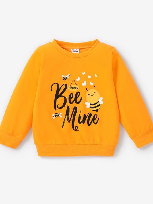 Toddler Girl'S Cartoon Bee & Letter Print round Neck Sweatshirt, Casual Long Sleeve Crew Neck Pullover for Spring & Fall, Kid'S Clothes for Daily Wear