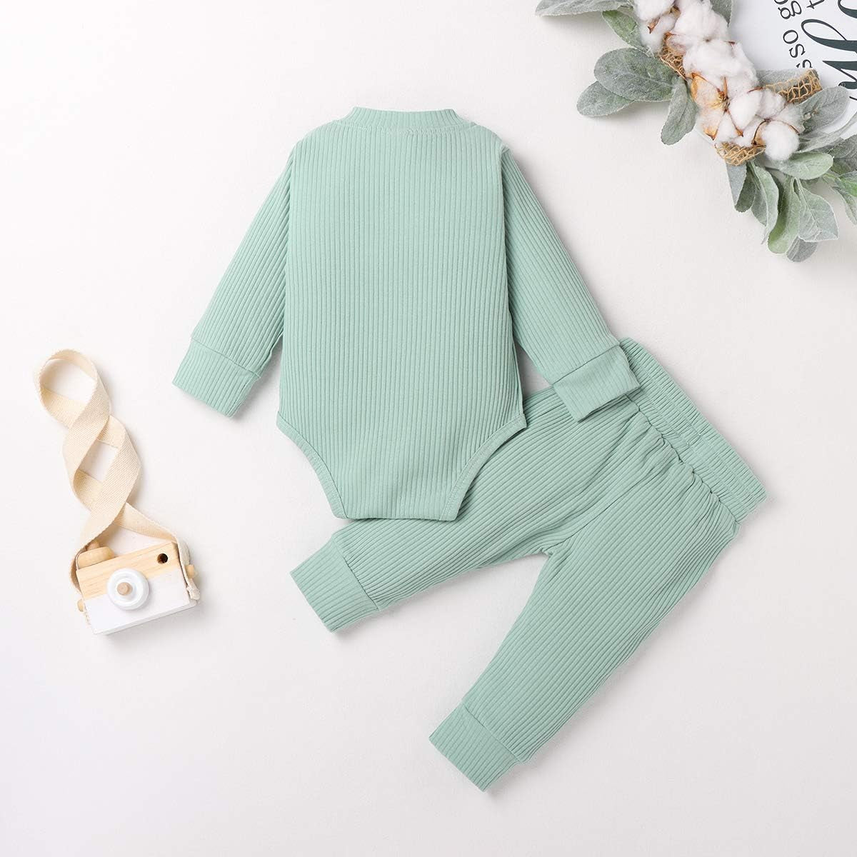 Ledy Champswiin Winter Newborn Baby Boy Girl Clothes Set Ribbed Outfits Unisex Infant Solid Long Sleeve Tops Pants 2PCS