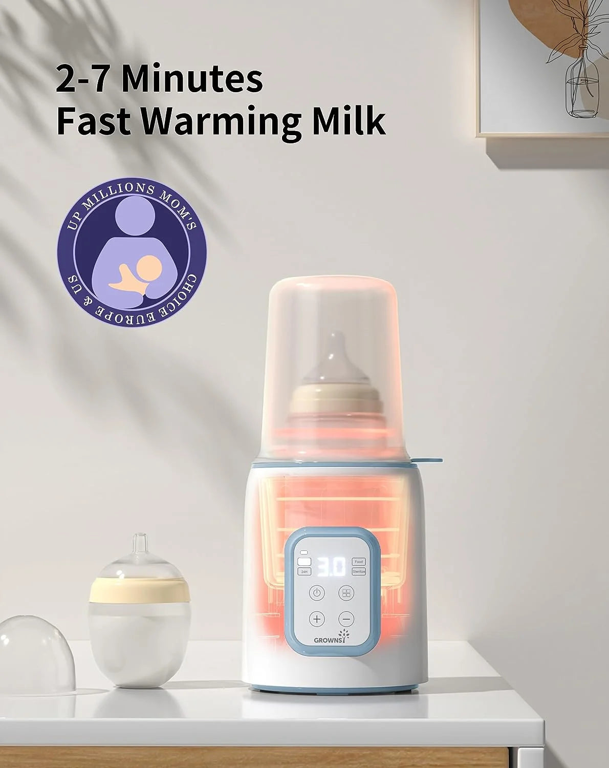 Grownsy Bottle Warmer with Timer for Breastmilk or Formula, Accurate Temperature Control, Fits for All Bottles-Blue