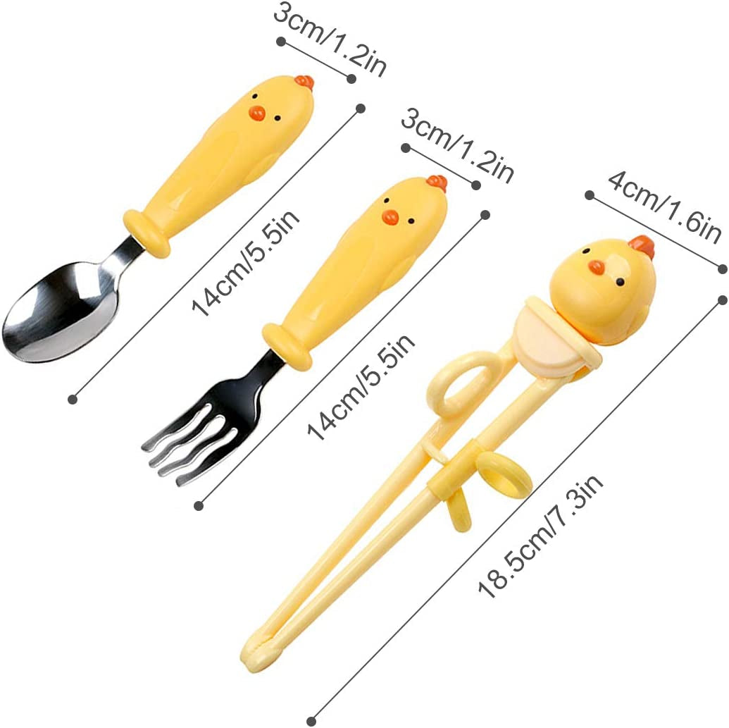 Training Chopsticks Set for Kids and Beginners,Chopstick Spoon Fork and Case Set,Reusable Learning Chopsticks with Attachable Learning Chopstick Helper - Right Handed Only Stainless Steel Yellow