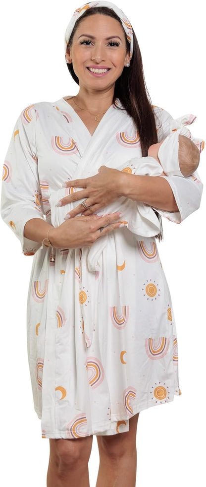 MOMMY O CLOCK Mommy Robe for Maternity and Baby Swaddle Blanket, Milk Silk Matching Delivery Robe and Swaddling Wrap for Mom and Baby (L/XL (12-24), Boho Rainbow)