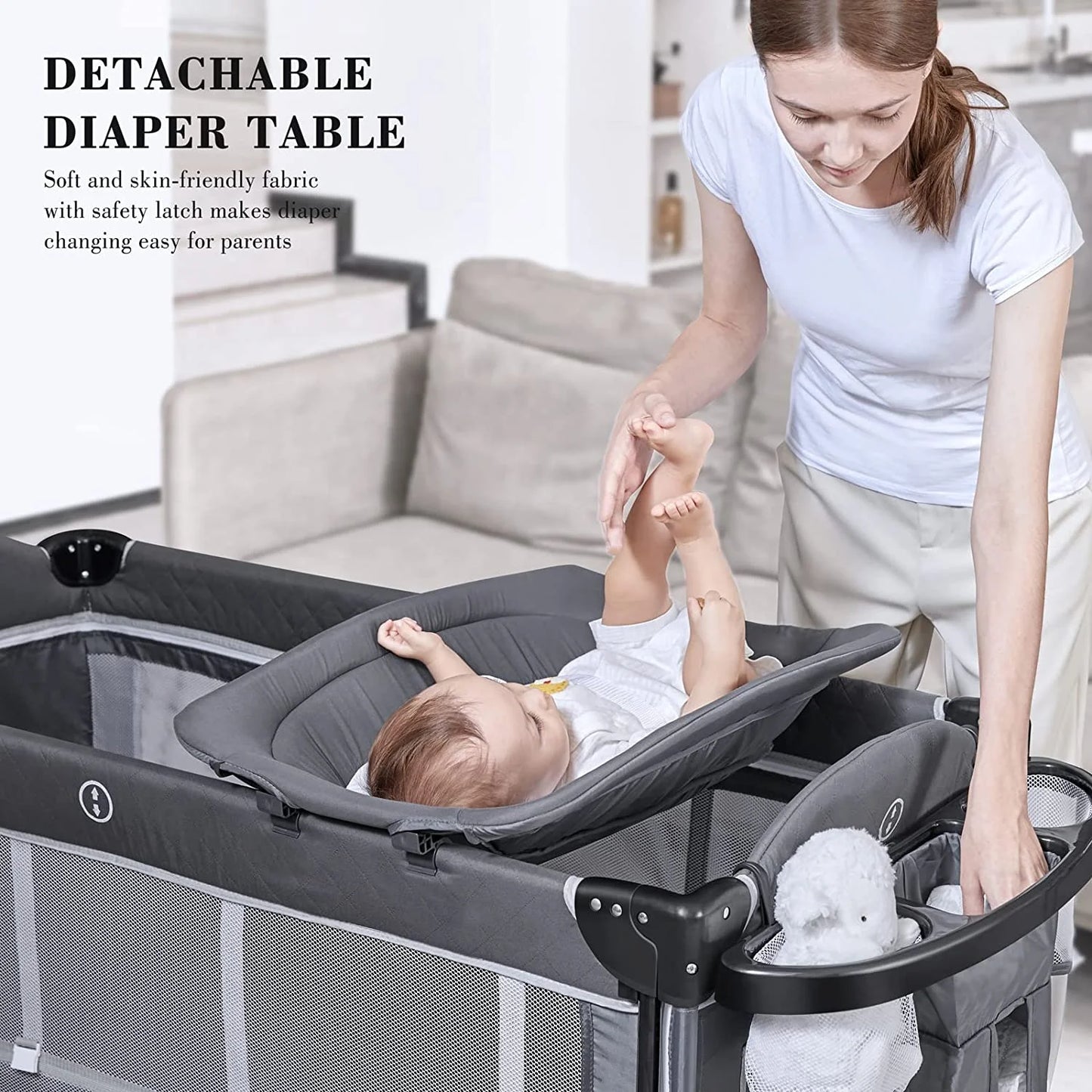 ANGELBLISS 5 in 1 Flat Bassinet Bedside Sleeper, Rocking Bassinet, Easy Folding Portable Playards, Pack and Play with Mattress, Diaper Changer and Music Mobile(Dark Grey)(0-12Months)