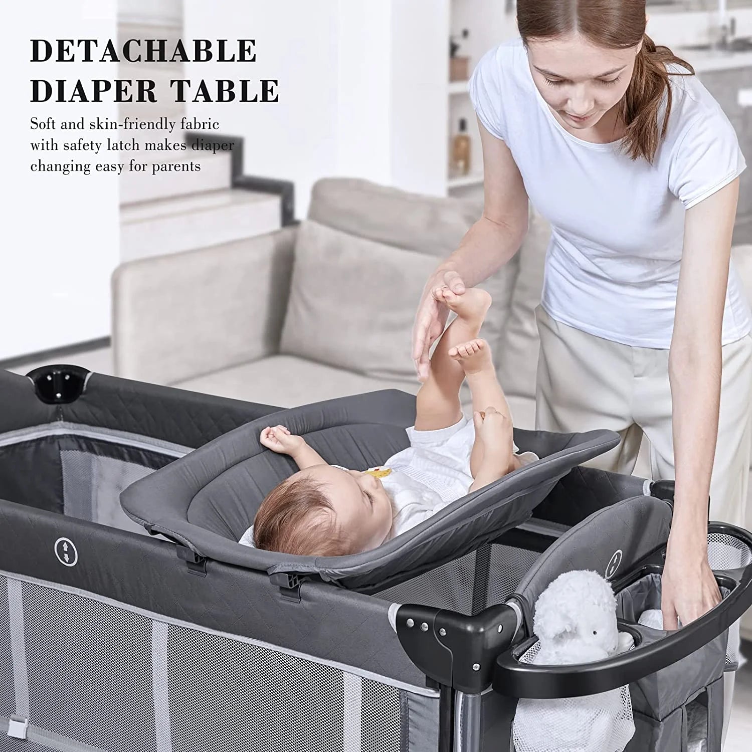 ANGELBLISS 5 in 1 Flat Bassinet Bedside Sleeper, Rocking Bassinet, Easy Folding Portable Playards, Pack and Play with Mattress, Diaper Changer and Music Mobile(Dark Grey)(0-12Months)