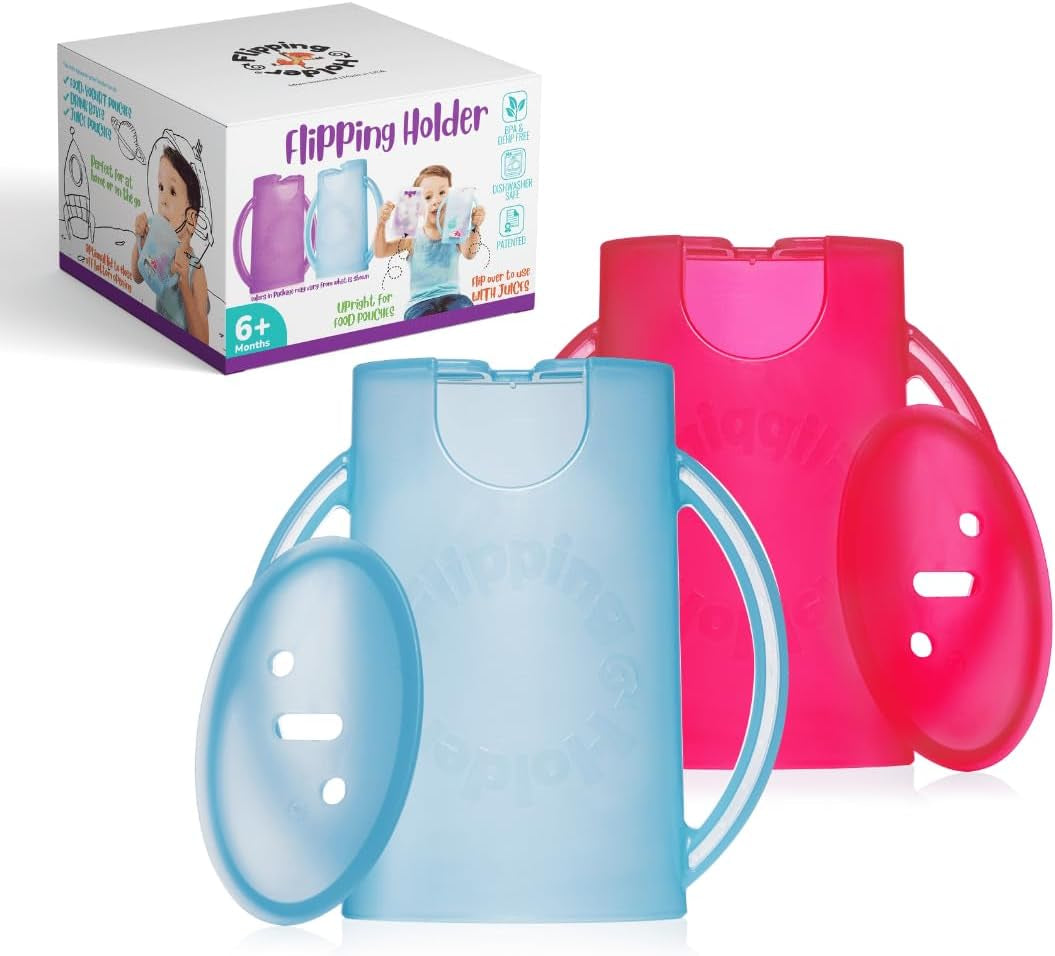 Squeeze Proof Food Pouch Holder for Toddlers, Babies, Kids, Mess Free No Squeeze Juice Box Drink and Applesauce Snack Holder with Easy Grip Handles and Lid