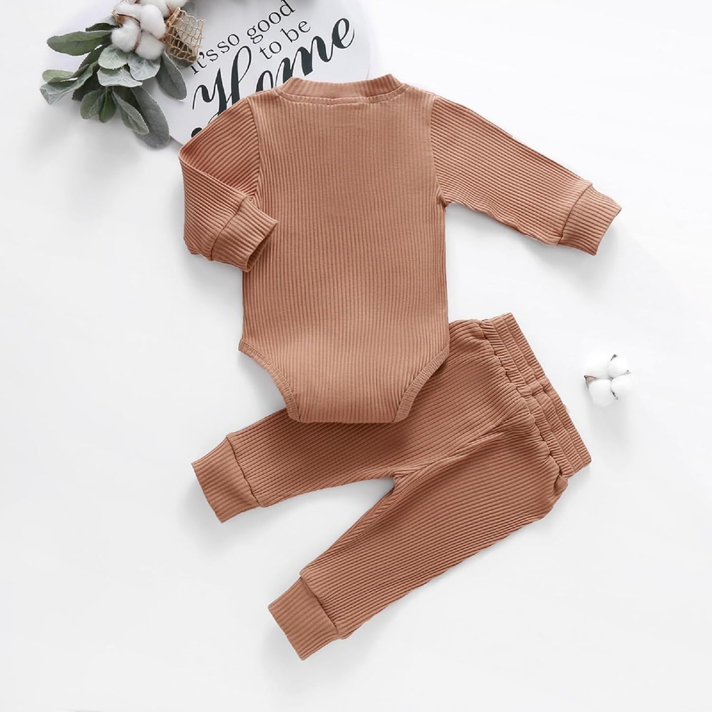 Newborn Baby Boy Girl Clothes Ribbed Knitted Cotton Long Sleeve Romper Long Pants Solid Color Fall Winter Outfits