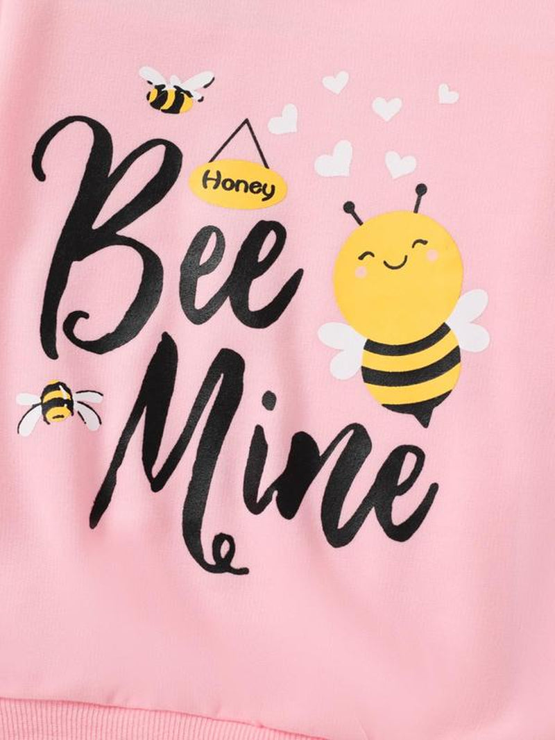 Toddler Girl'S Cartoon Bee & Letter Print round Neck Sweatshirt, Casual Long Sleeve Crew Neck Pullover for Spring & Fall, Kid'S Clothes for Daily Wear