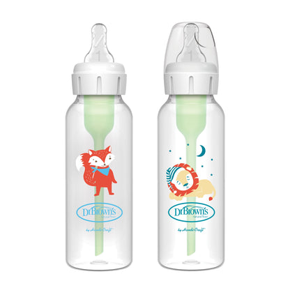 Dr. Brown'S Natural Flow Anti-Colic Options+ Narrow Baby Bottle, Fox & Lion, 8 Oz/250 Ml, with Level 1 Slow Flow Nipple, BPA Free, 0M+, 2-Pack