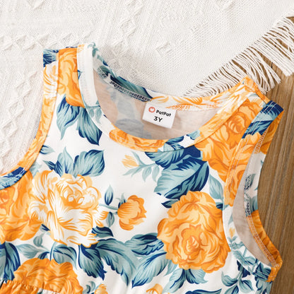 Patpat Floral Girl Dress Toddler Girl Clothes 2Pcs Kid Sleeveless Dress and Long Sleeve Ruffled Cardigan Outfits Set, Yellow Brown, 3 Years