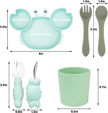 Silicone Baby Feeding Tableware Set, Includes Baby Suction Plate, Toddler Cup, 2 Sets Forks and Spoons, 6 PCS Feeding Supplies Set for Self Feeding Training Utensils