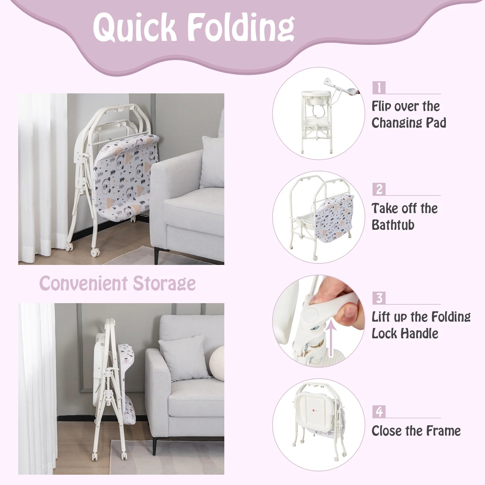 Infans Baby Changing Table W/Bathtub, Folding & Portable Diaper Station W/Wheels White