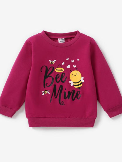 Toddler Girl'S Cartoon Bee & Letter Print round Neck Sweatshirt, Casual Long Sleeve Crew Neck Pullover for Spring & Fall, Kid'S Clothes for Daily Wear