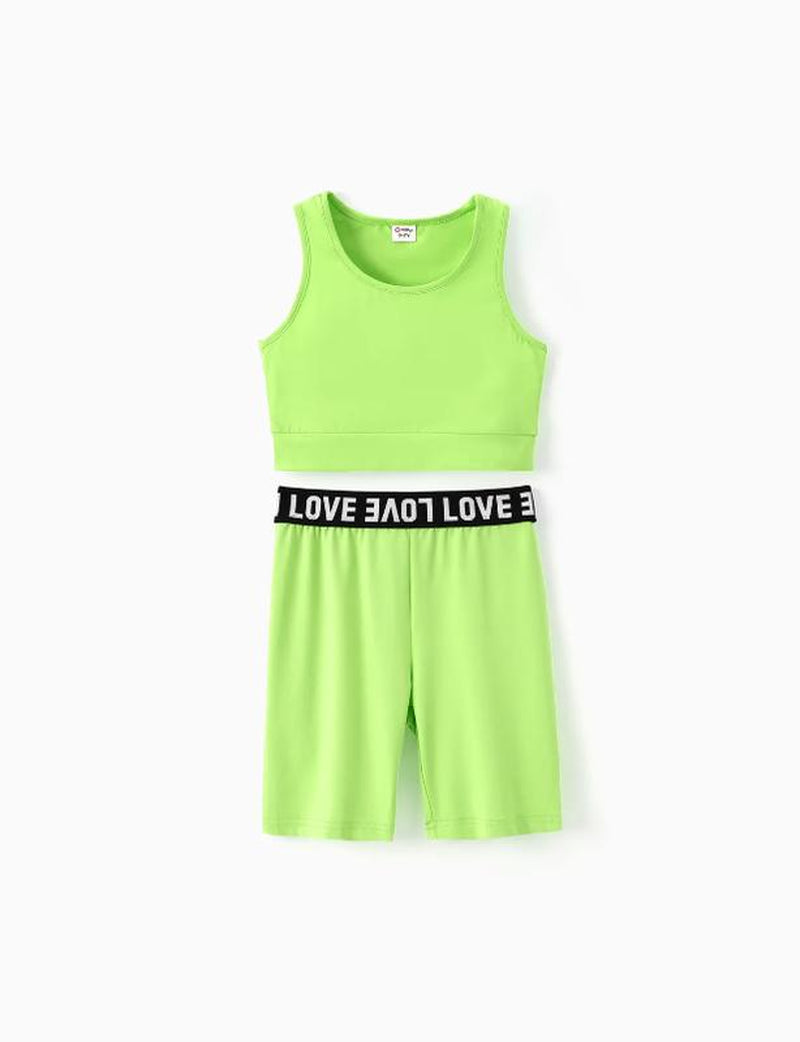 2Pcs Kid Girl Solid Color Tank Top and Letter Print Shorts Sporty Set 536265