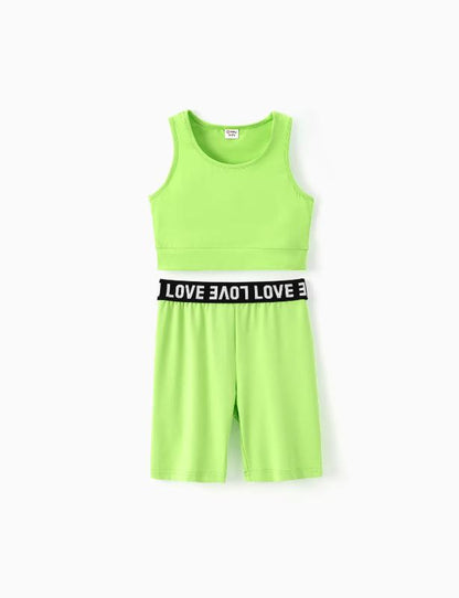 2Pcs Kid Girl Solid Color Tank Top and Letter Print Shorts Sporty Set 536265