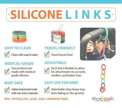 Chewbeads - Silicone Baby Links, Multi Use Baby Toy Rings - Attach Toys & Teethers to Stroller, Car Seat & More - Medical Grade Silicone, BPA Free & Phthalate Free - Includes 5 Colorful Baby Rings