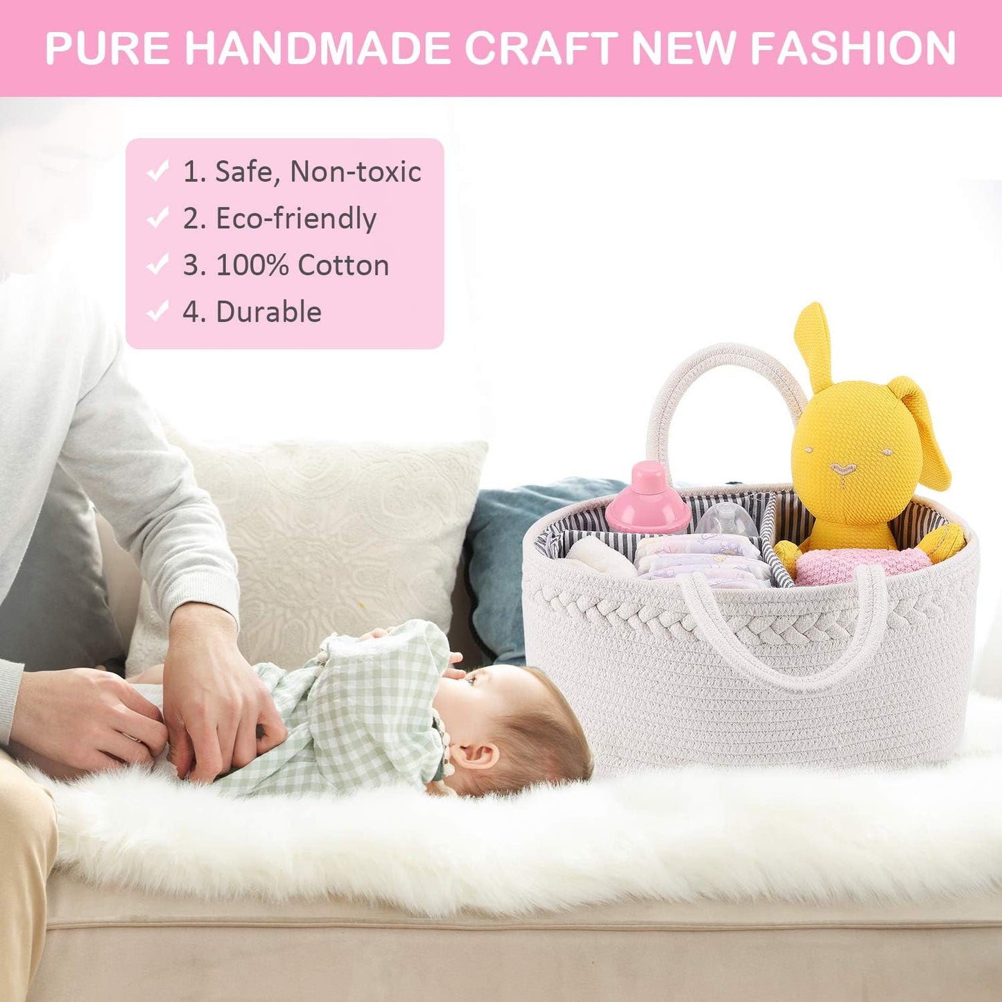 Abenkle Baby Diaper Caddy, Nursery Storage Bin and Car Organizer for Diapers Wipes, Cotton Rope Basket Changing Table Caddy