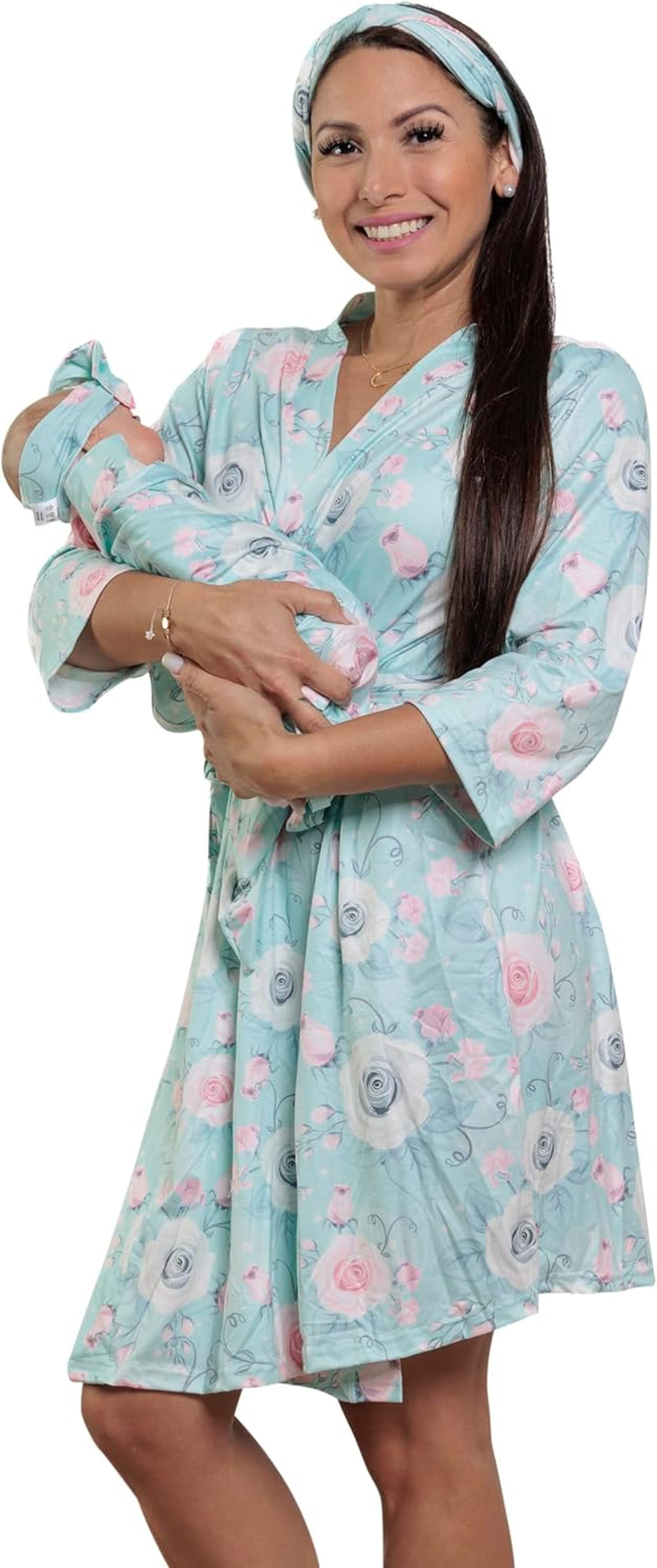 MOMMY O CLOCK Maternity Robe and Baby Swaddle Blanket, Milk Silk Matching Delivery Robe and Swaddling Wrap for Mom and Baby