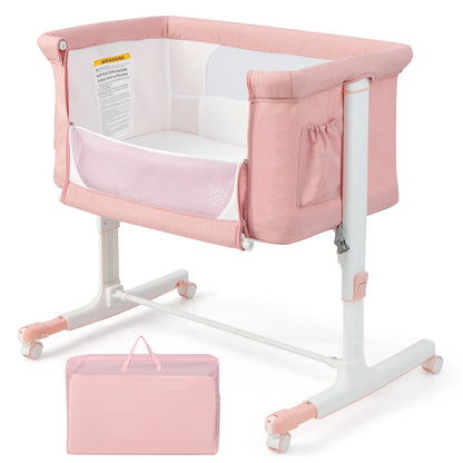 Infans 3-In-1 Baby Bassinet beside Crib with 5-Level Adjustable Heights Pink