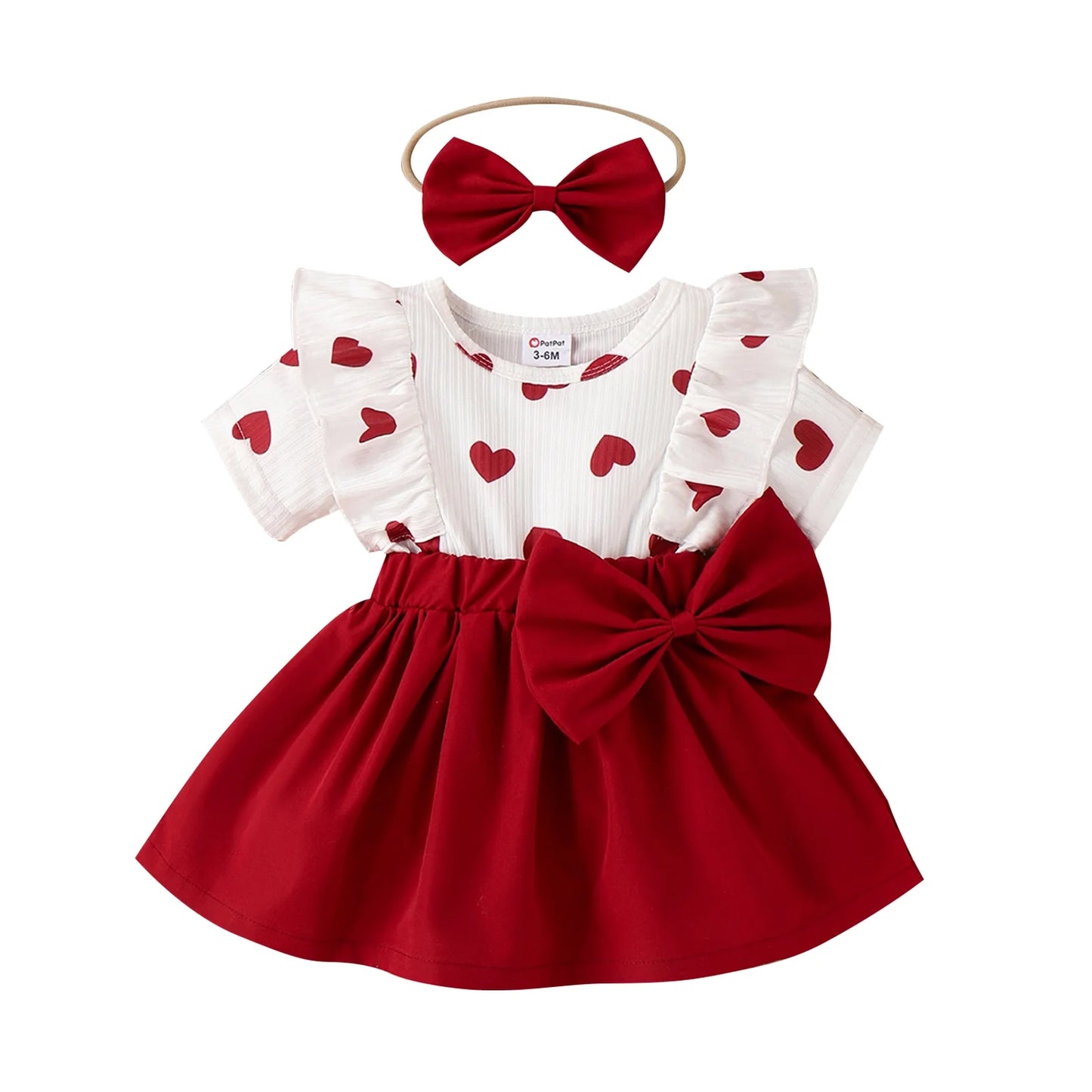 Patpat 2Pcs Baby Girl Clothes Valentine‘S Day Heart Short-Sleeve Dress & Headband Set, 12-18 Months