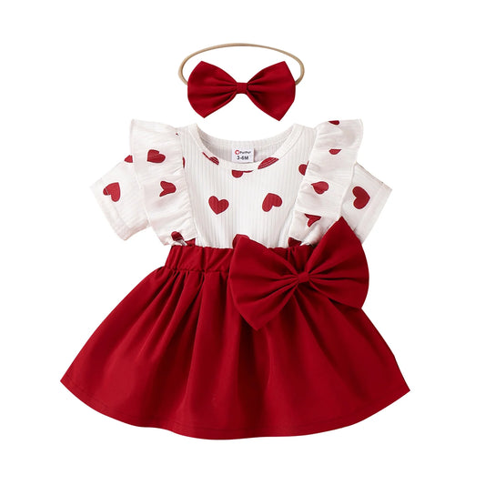Patpat 2Pcs Baby Girl Clothes Valentine‘S Day Heart Short-Sleeve Dress & Headband Set, 12-18 Months