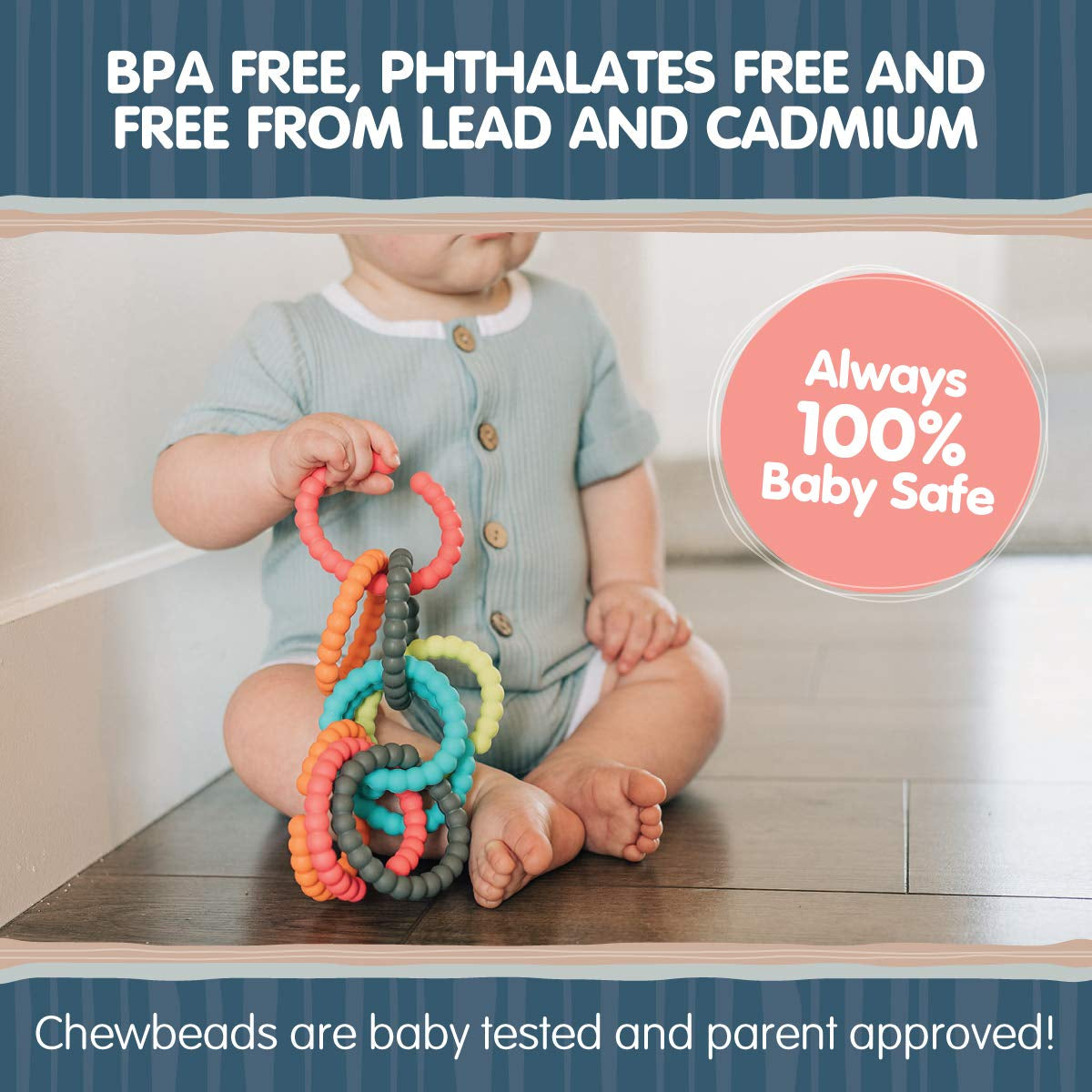 Chewbeads - Silicone Baby Links, Multi Use Baby Toy Rings - Attach Toys & Teethers to Stroller, Car Seat & More - Medical Grade Silicone, BPA Free & Phthalate Free - Includes 5 Colorful Baby Rings